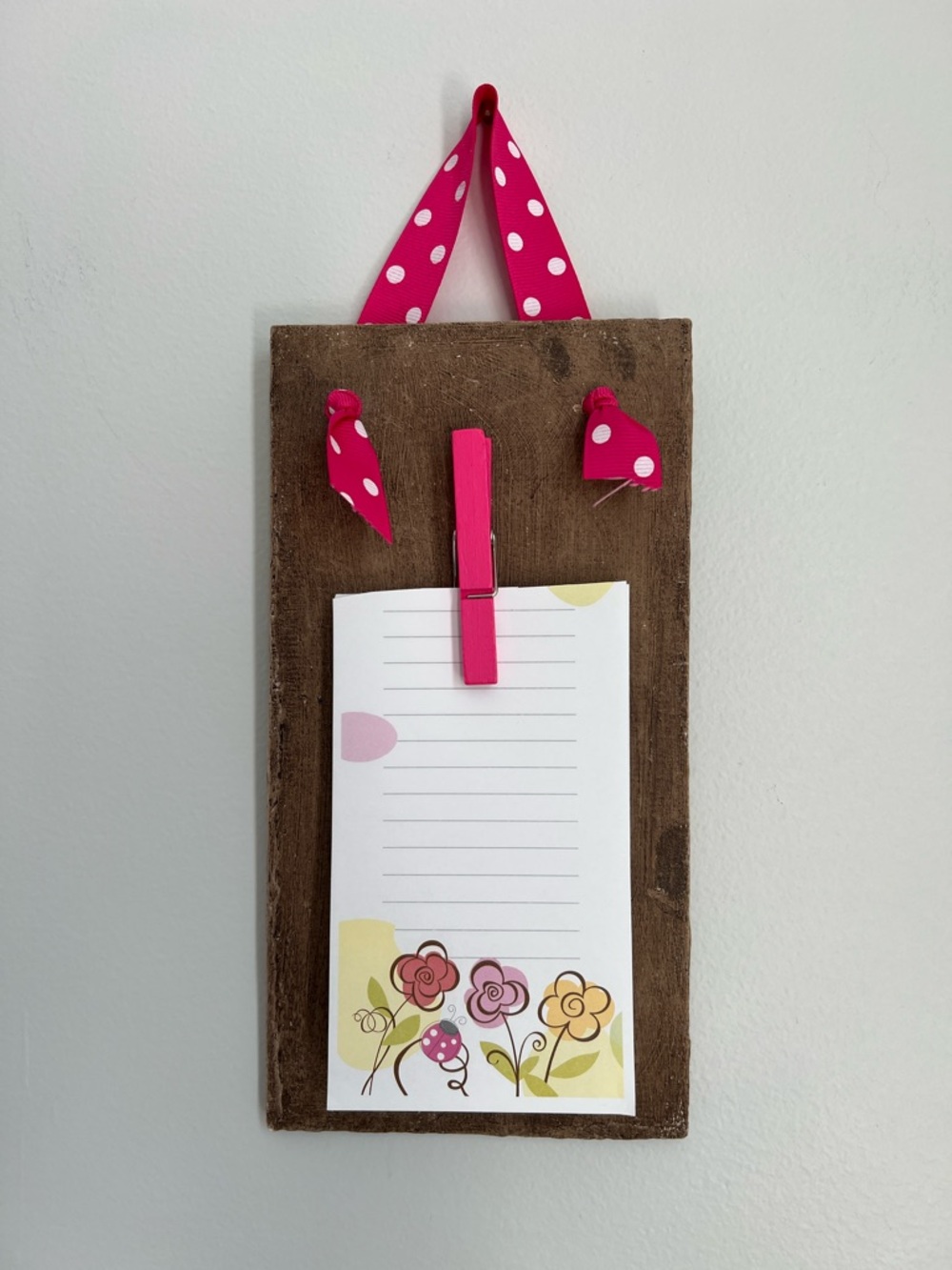 Handmade & Upcycled Pink Polka Dot Ribbon Note Holder Clip 12.25” x 5”